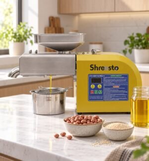 Shreesto Cold Press Oil Machine on a kitchen counter with fresh groundnut oil